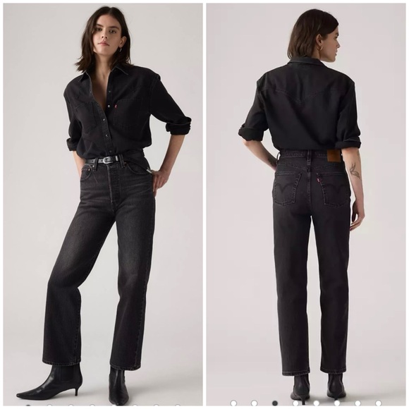 Levi’s Ribcage Straight Ankle 24 Black Sprout Minimalist Grunge Goth Denim - Picture 1 of 9